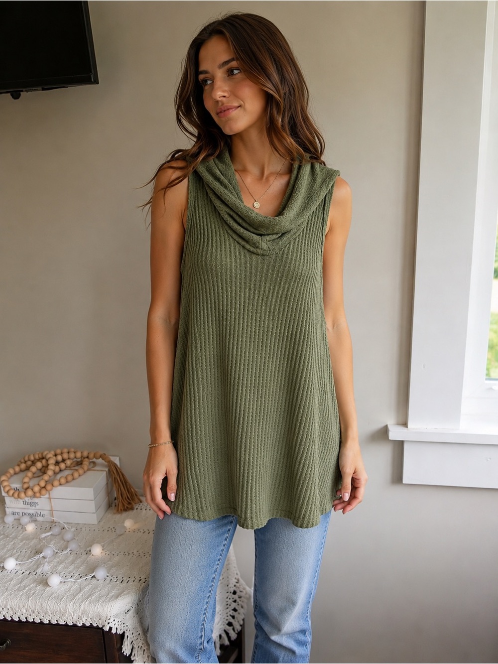 Free People Olive Sleeveless Cowl Neck Tunic